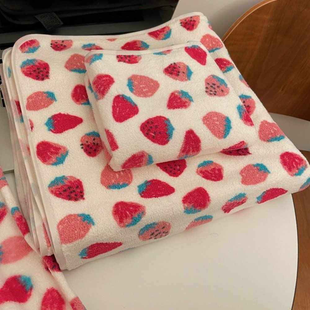 Strawberry Fleece Bath Towels and Hair Turban | Women Plush Hand Towel Hair Dry